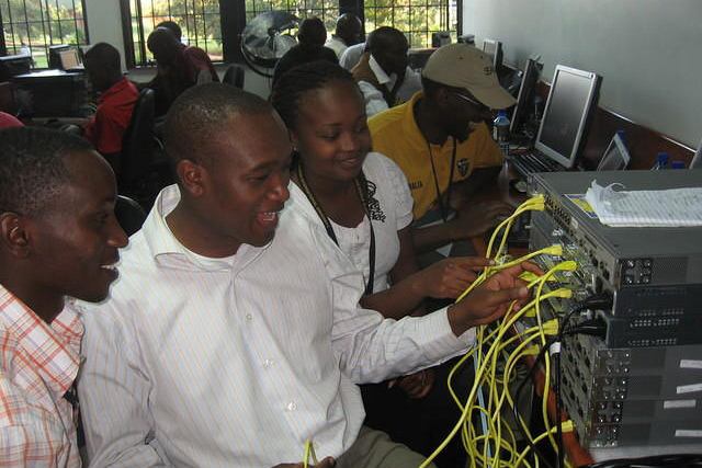 Students working on a switch during a training with the Kenya Education Network (KENET) in Nairobi, Kenya